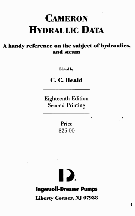 The title page of Cameron Hydraulic Data.